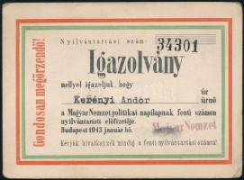 1943 a Magyar Nemzet napilap előfizetői igazolványa