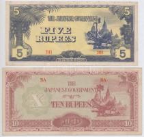 Burma / Japán megszállás 1942-1944. 5R + 10R T:II-,III Burma / Japanese occupation 1942-1944. 5 Rupees + 10 Rupees C:VF,F Krause 15, 16