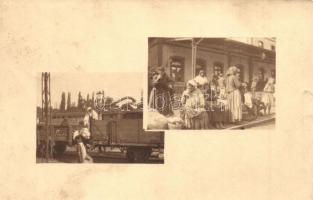 1916 Piski, Simeria; vasútállomás, vagonok / railway station, wagons. photo + K.u.K. Spitalszug No. 15. (kis szakadás / small tear)