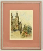 Franz Xavier Wolf (1896-1990): Utca részlet. Színes rézkarc, papír, jelzett, üvegezett keretben, 31×24 cm