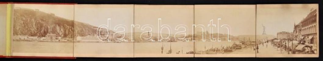 cca 1870-1880 Panorama von Budapest, budapesti panoráma a pesti rakpartról, Klösz György felvétele és kiadása, kissé hullámos lapokkal, az illesztések mentén kis javításra szorul, kicsit foltos vászonkötésű tokban, 12,5×72,5 cm