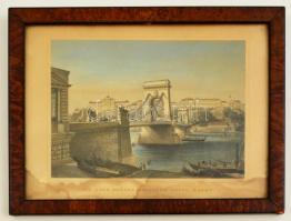 Ludwig Rohbock (1820-1883): Az új híd Pest és Buda között / Die neue Brücke zwischen Pest und Ofen, színezett acélmetszet, papír, foltos, üvegezett fa keretben, 12,5×17 cm