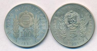 1981. 100Ft Cu-Ni + 5L Cu-Ni "Bulgária 1300 éves" magyar-bolgár közös kiadás, eredeti tokb...