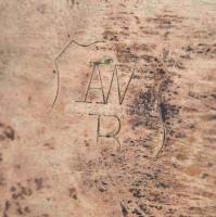 Réz tárgyak, nagy füles tálca, gyertyatartó (ferde), csengő (hibás), stb, összesen: 4 db,  60×35 cm ...