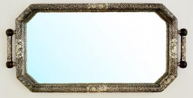 Dekoratív tükös tálca ezüstlemez (Ag.) borítással, jelzés nélkül, 51×25 cm