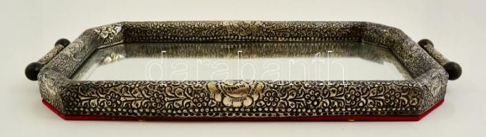 Dekoratív tükös tálca ezüstlemez (Ag.) borítással, jelzés nélkül, 51×25 cm