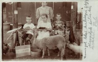 1914 Gyálpuszta (Gyál), családi csoportkép állatokkal, Éljen a háború! feliratú táblával, háttérben egy MÁV vagon. photo