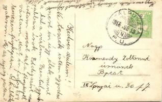 1914 Gyálpuszta (Gyál), családi csoportkép állatokkal, Éljen a háború! feliratú táblával, háttérben ...