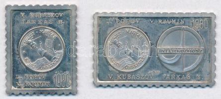 1980. "Szovjet-Magyar Közös Űrrepülés - V. Kubaszov - Farkas B." jelzett Ag bélyegérem (3,32g/0.835/22x27mm) + "Szovjet-Magyar Közös Űrrepülés - L. Popov - V. Rjumin - V. Kubaszov - Farkas B. / Interkozmosz" jelzett Ag bélyegérem (4,65g/0.835/22x37mm) T:2(PP)