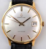 Certina Certidate 14K arany karóra naptár funkcióval szíjjal, szép állapotban. Szerkezet tisztításra szorul, d: 3,5 cm / Vintage Certina Certidate 14 C gold watch with leather band.
