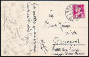 1932 A Hungária labdarúgó csapat tagjai által aláírt képeslap, Hunyadi, Mándi, Wéber, Tanzer, Papp, Nyári Újváry. / Autograph signed postcard of the Hungaria football team