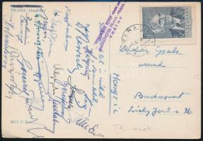 cca 1948 Olimpia bajnok vívók által aláírt képeslap: Elek Ilona, Kárpáti Rudolf, Gerevich Aladár, Kovács Pál, Nyári Magda, Tilli Endre, Rerrich, Rajcsányi... / cca 1948 Autograph signed postcard of Hungarian fencers