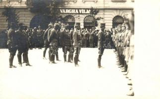 1917 Kézdivásárhely, Targu Secuiesc; IV. Károly király látogatása, háttérben Vargha Vilmos üzlete / visitation of Charles I of Austria, shops. photo (EB)