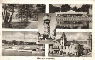 Siófok 2db mozaikképes képeslap, rajtuk többek között a kikötő, víztorony, Községháza, Tünde presszó (egyik Rb)