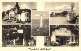 Siófok 2db mozaikképes képeslap, rajtuk többek között a kikötő, víztorony, Községháza, Tünde presszó...