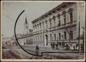 cca 1890-1900 Keszthely, Kossuth Lajos utca, háttérben a Magyarok Nagyasszonya templom, keményhátú fotó, nyomdai munkára való előkészítéssel, 13x18 cm