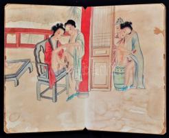 cca 1900 Japán színezett pornográf nyomatok kihajtható albumban, kissé foltos 18,5x12 cm / Vintage J...