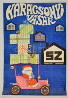 1968 Remecz Györgyi (1940-): Karácsonyi vásár, Fogyasztási Szövetkezet reklám plakát, tetején kis szakadás, 82x56 cm