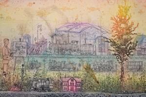 Gross Arnold (1929-2015): Gőzmozdonyok és a festő, színes rézkarc, jelzett, a művész által dedikált ...