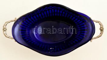 Ezüst (Ag) áttört kínáló, üveg betéttel (apró csorbával) jelzett,  mesterjeggyel, 26×14 cm, nettó:25...