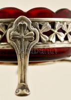 Ezüst (Ag) áttört falú fűszertartó üveg betéttel és kis kanállal , jelzett, d:5,5 cm ( 2×), összes n...