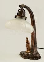 Dekoratív réz asztali lámpa, öntött réz figurával, csiszolt hibátlan burával, működik, m:28 cm
