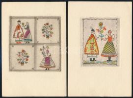 12 db népművészeti témájú, színezett rézkarc képeslap Vajna György kiadásában, mind postázva / 12 Etchings on used postcards 15x10 cm