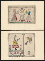 12 db népművészeti témájú, színezett rézkarc képeslap Vajna György kiadásában, mind postázva / 12 Et...