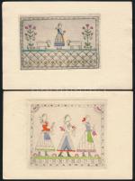 12 db népművészeti témájú, színezett rézkarc képeslap Vajna György kiadásában, mind postázva / 12 Et...