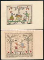 12 db népművészeti témájú, színezett rézkarc képeslap Vajna György kiadásában, mind postázva / 12 Et...