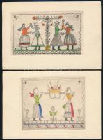 12 db népművészeti témájú, színezett rézkarc képeslap Vajna György kiadásában, mind postázva / 12 Et...
