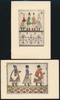12 db népművészeti témájú, színezett rézkarc képeslap Vajna György kiadásában, mind postázva / 12 Et...