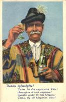 Kedves egészségére! Magyar bor reklámlap, folklór / Hungarian wine advertising card, folklore s: Pálinkás Gy. (EK)
