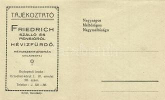 Friedrich szálló és pensió reklámlapja, kihajtható lap tájékoztatóval és a saját borítékjával. Hévíz...