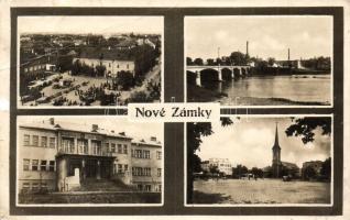 Érsekújvár, Nové Zámky; Fő tér, piac, iskola, templom, híd / multi-view postcard: main square, market, school, church, bridge (EK)