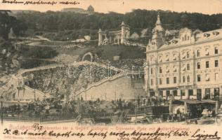 Budapest I. Tabán, Döbrentei tér, Gellért szobor, piaci árusok, Café Erzsébet híd kávéház, Steinfeld sörház. Taussig Arthur 3402. (EK)