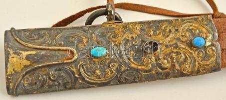 cca 1800 Oszmán tiszti(?) kard hüvelye, aranyozott ezüst (Ag.) szerelékkel, bőr borítással, hiányos ...