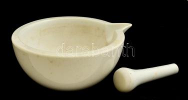 Zsolnay porcelán patika mozsár, törővel, jelzett, kopásnyomokkal, d: 15 cm, m: 6,5 cm, h: 10,5 cm