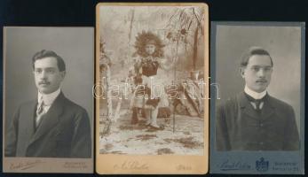 cca 1900-1914 3 db keményhátú műtermi fotó, különböző műtermekből, 10x6,5 és 12x8 cm közötti méretekben