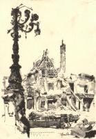 Budapest - 3 db városképes lap a lerombolt városról, romok: Erzsébet híd, Miniszterelnökségi Palota,...