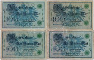 Német Birodalom 1908. 100M (7x) zöld pecsét T:III- tűly. German Empire 1908. 100 Mark (7x) green seal C:VG needle holes Krause 34