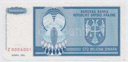 Horvátország / Krajna Szerb Köztársaság 1993. 100.000.000D Z sorozat T:I Croatia / Republic of Serbian Krajina 1993. 100.000.000 Dinara Z serial, replacement note C:U