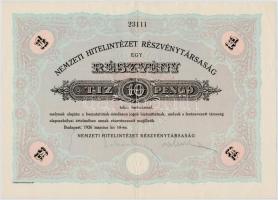 Budapest 1926. Nemzeti Hitelintézet Részvénytársaság részvénye 10P-ről szárazpecséttel T:II