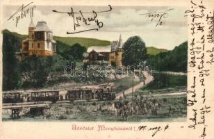 Menyháza, Moneasa; Paradeiser villák, kisvasút, vasútállomás / villas, light railway station, locomotive (EK)