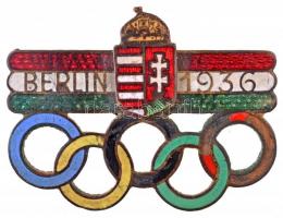 1936. Berlin 1936 magyar címeres, zománcozott olimpiai jelvény, WALTHER E. BUDAPEST - TÖRV. VÉDVE gyártói jelzéssel (23x30mm) T:2- zománchiba / Hungary 1936. Berlin 1936 enamelled Olympic badge with Hungarian coat of arms, with WALTHER E. BUDAPEST - TÖRV. VÉDVE makers mark (23x30mm) C:VF enamel error