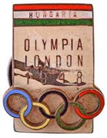1948. Hungaria Olympia London 1948 zománcozott, csavaros hátlapú jelvény, WALTHER E. BUDAPEST - TÖRV. VÉDVE gyártói jelzéssel (20x25mm) T:3- sérült zománc hajlott