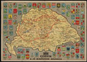 cca 1941 Corvin áruház reklámos térkép a vármegyék címereivel, hátoldalán órarend, 24x33,5 cm