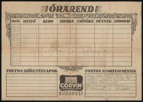 cca 1941 Corvin áruház reklámos térkép a vármegyék címereivel, hátoldalán órarend, 24x33,5 cm