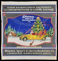 Kónya Zoltán (1891-?): Diana Ipari és Kereskedelmi Rt. csokoládé és karácsonyfa díszei, litho dobozpapír, szélein sérülésekkel, 32,5×35 cm