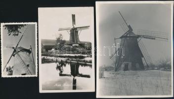 Külföldi és magyar szélmalmok tétele, 3 db vintage fotó és 3 db képeslap, 6x9 cm és 18x24 cm között ...